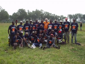 Dave Gardner and the Kenyan World Teacher Aid construction crew with their new Solvay t-shirts